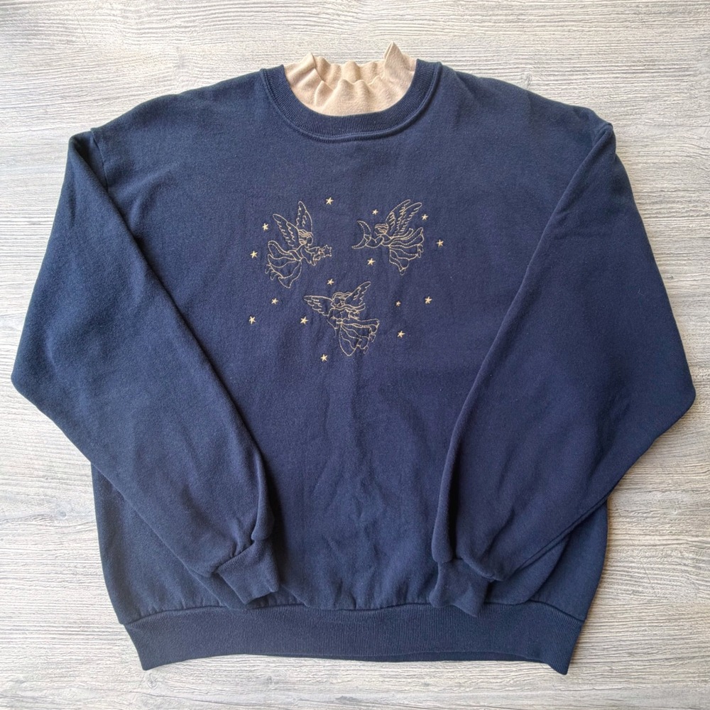 Vintage Whitefish Bay Navy Angel Embroidered Sweatshirt Mock Neck XL USA Made